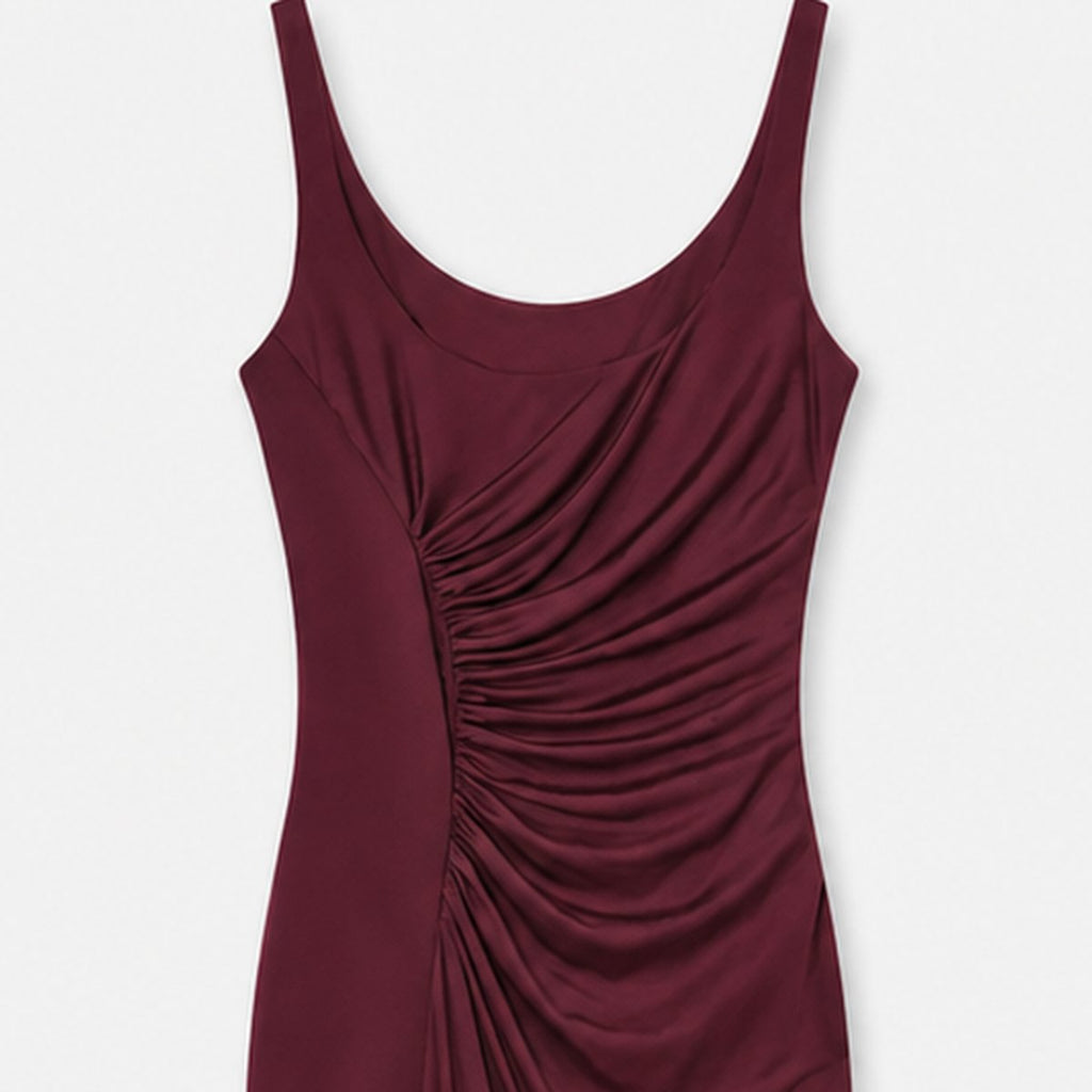 Dark Red Ruched Sleeveless Midi Dress, photo 2