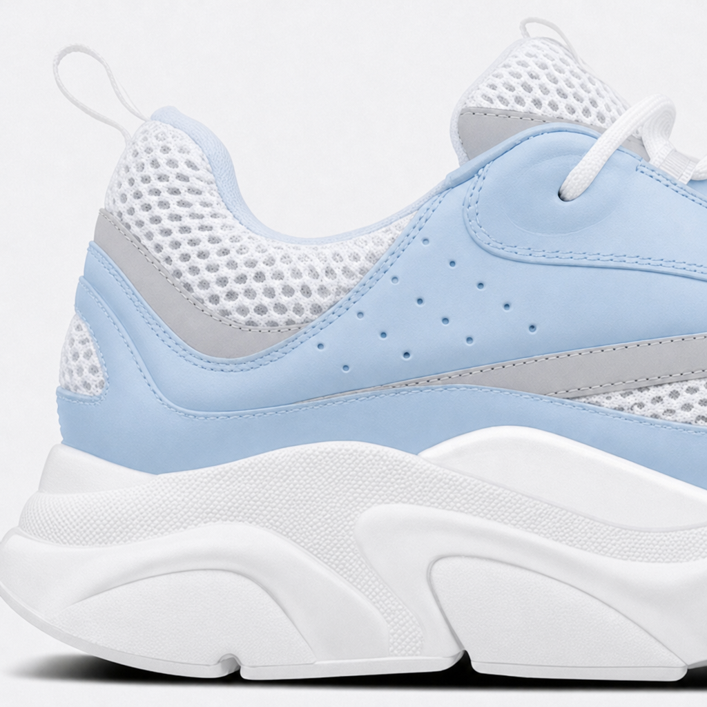 White / Blue sneaker, three-quarter view