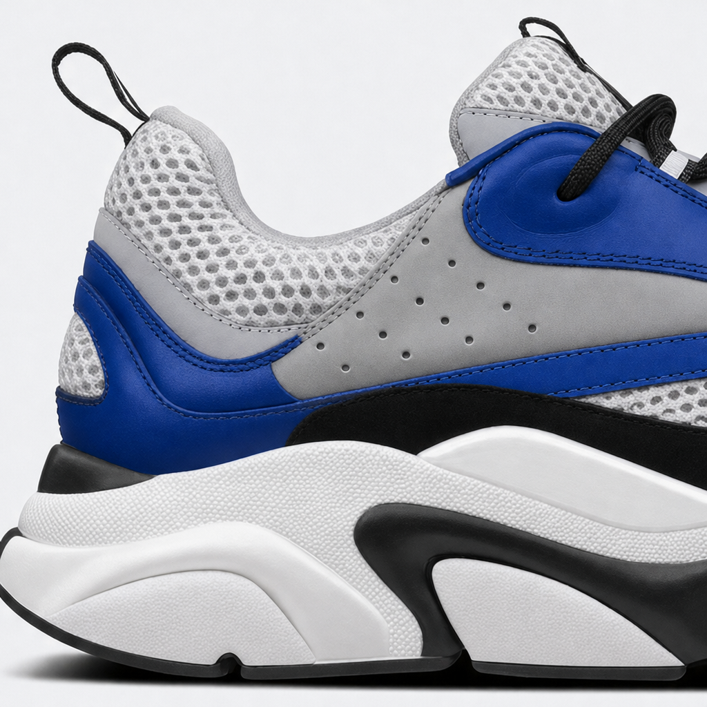 Blue / Black / Grey sneaker, three-quarter view