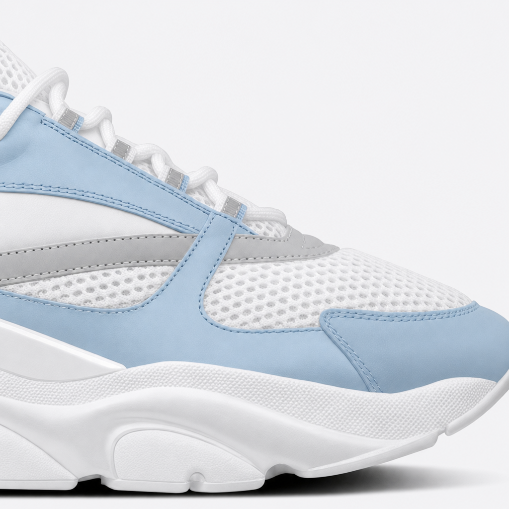 White / Blue sneaker, rear view